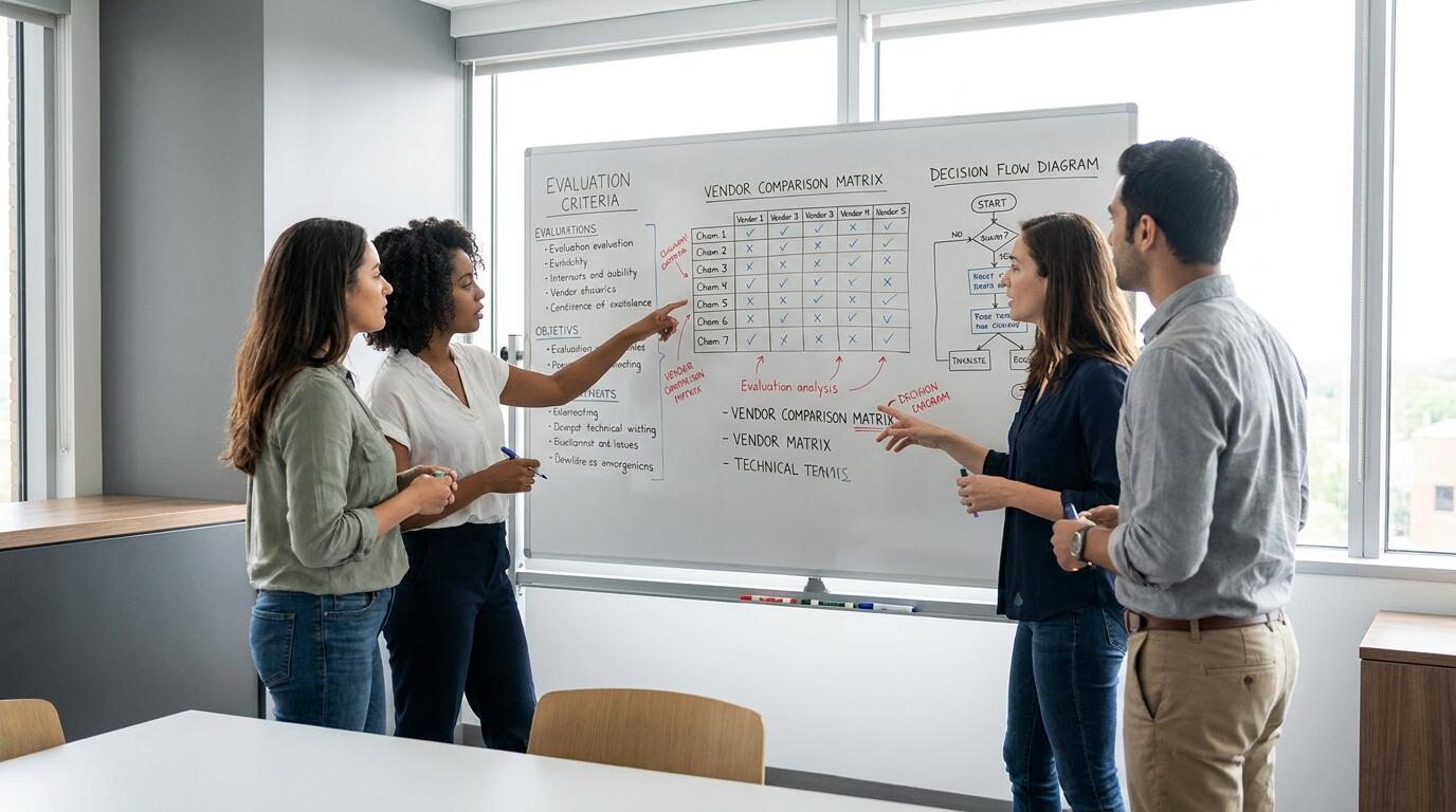 Technical team reviewing AI tool evaluation criteria on a whiteboard