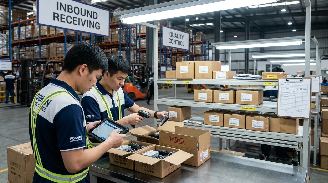 QBUY warehouse team conducting receiving inspection on 1688 Taobao product shipments at Foshan facility