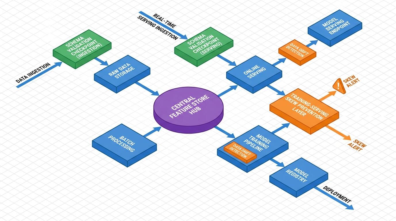 AI data pipeline production stages and feature store architecture diagram