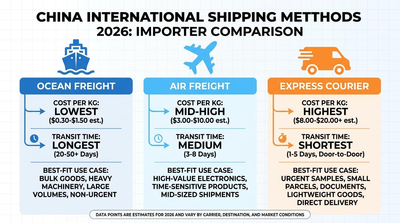 Shipping method comparison for China international freight 2026