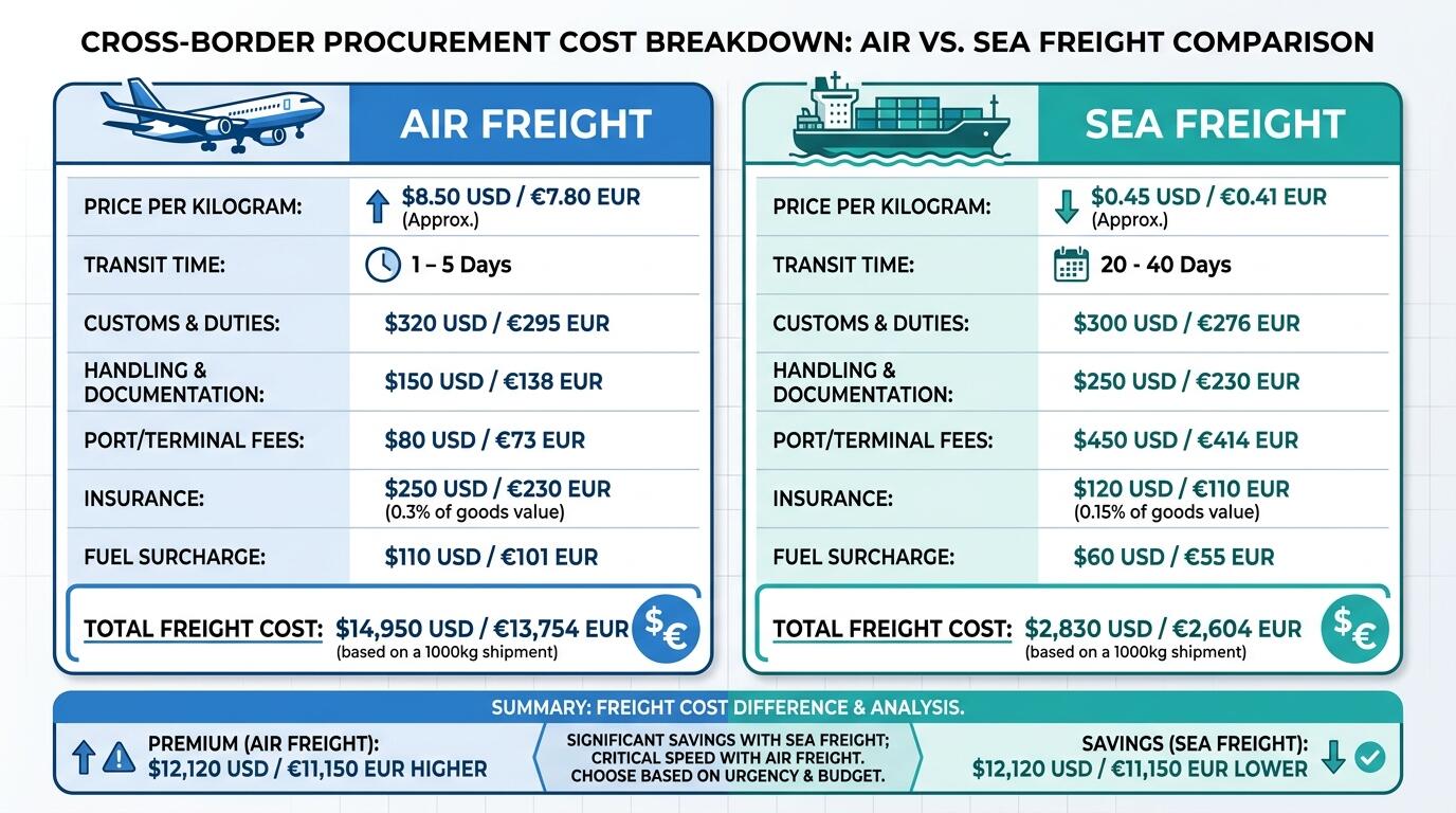 Shipping scenario comparison in multi-currency cost breakdown