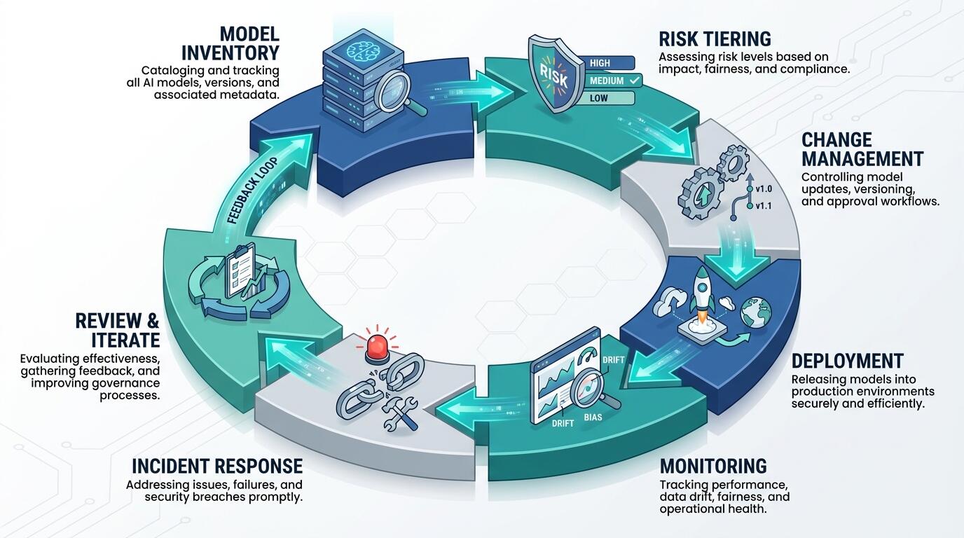 Enterprise AI governance lifecycle diagram showing model inventory, risk tiering, and monitoring stages
