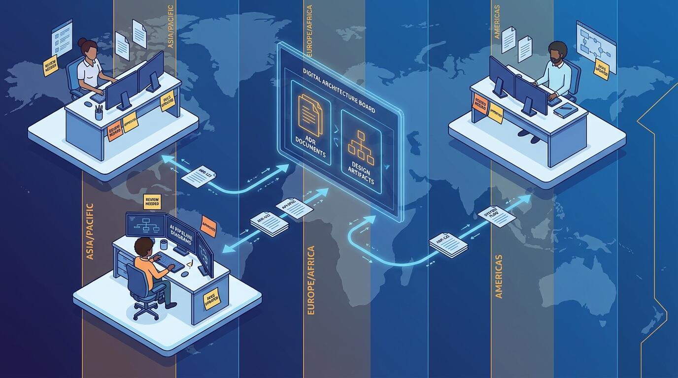 Distributed engineering team collaborating across time zones with architecture diagrams