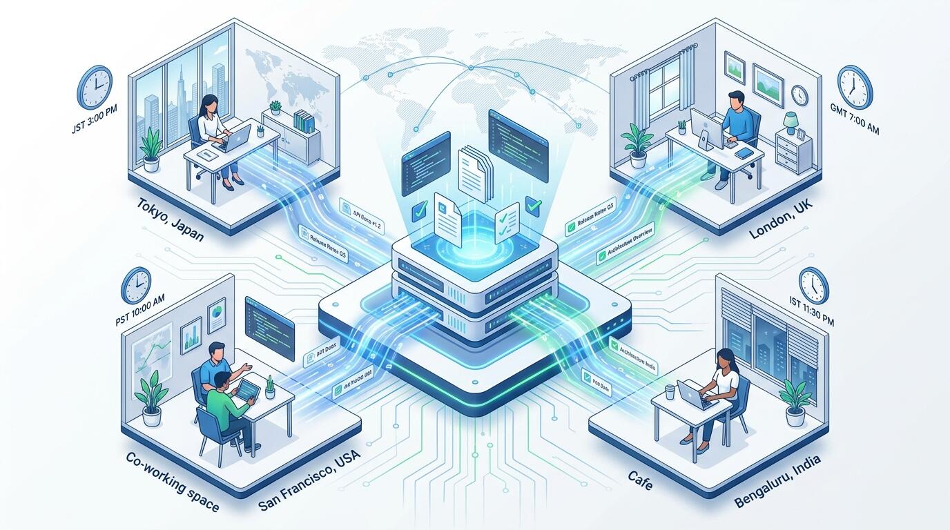Team members writing async updates in a shared documentation system