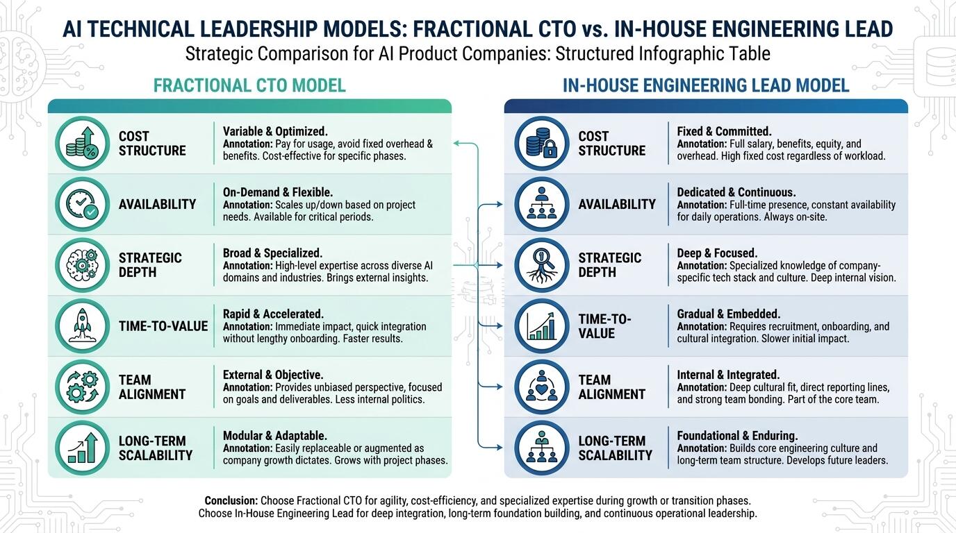 Technical leadership comparison diagram for fractional CTO and in-house engineering lead models