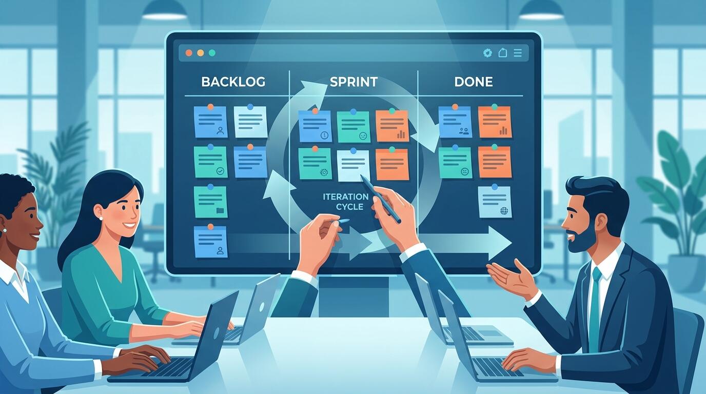 Engineering team running a sprint planning session with a digital kanban board
