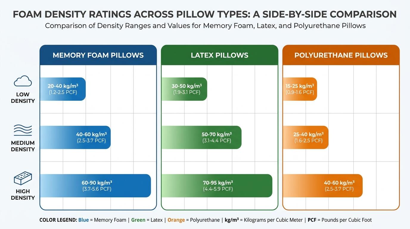 Foam density rating comparison chart for memory foam, latex, and polyurethane pillow types