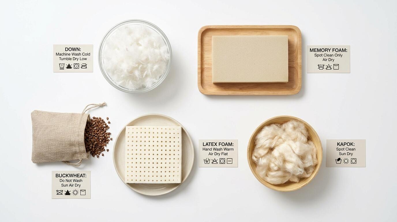 Pillow care symbols and fill materials laid out on a white surface