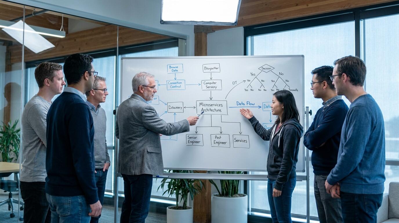Technical architecture review session with focused team discussion and design artifacts on whiteboard