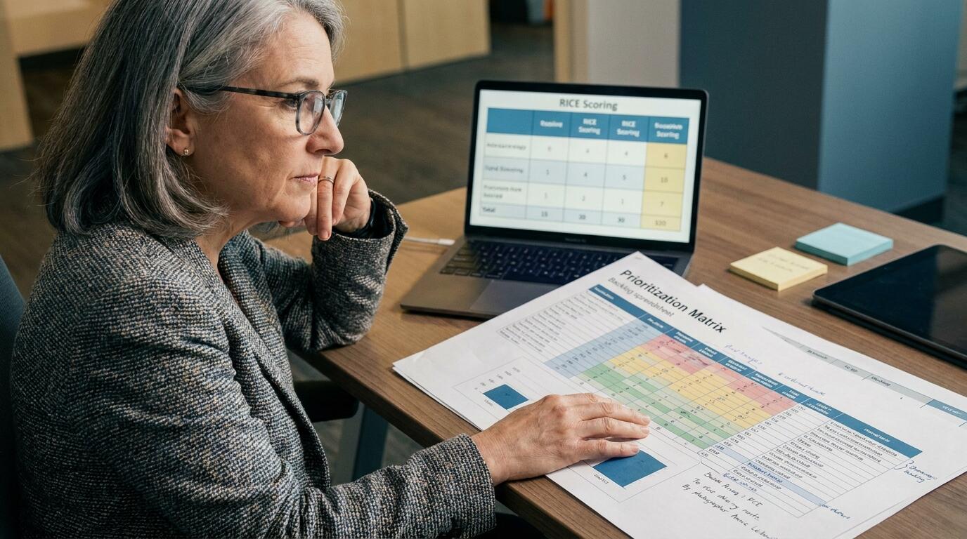 Engineering director reviewing prioritization matrix and backlog in a quarterly planning session