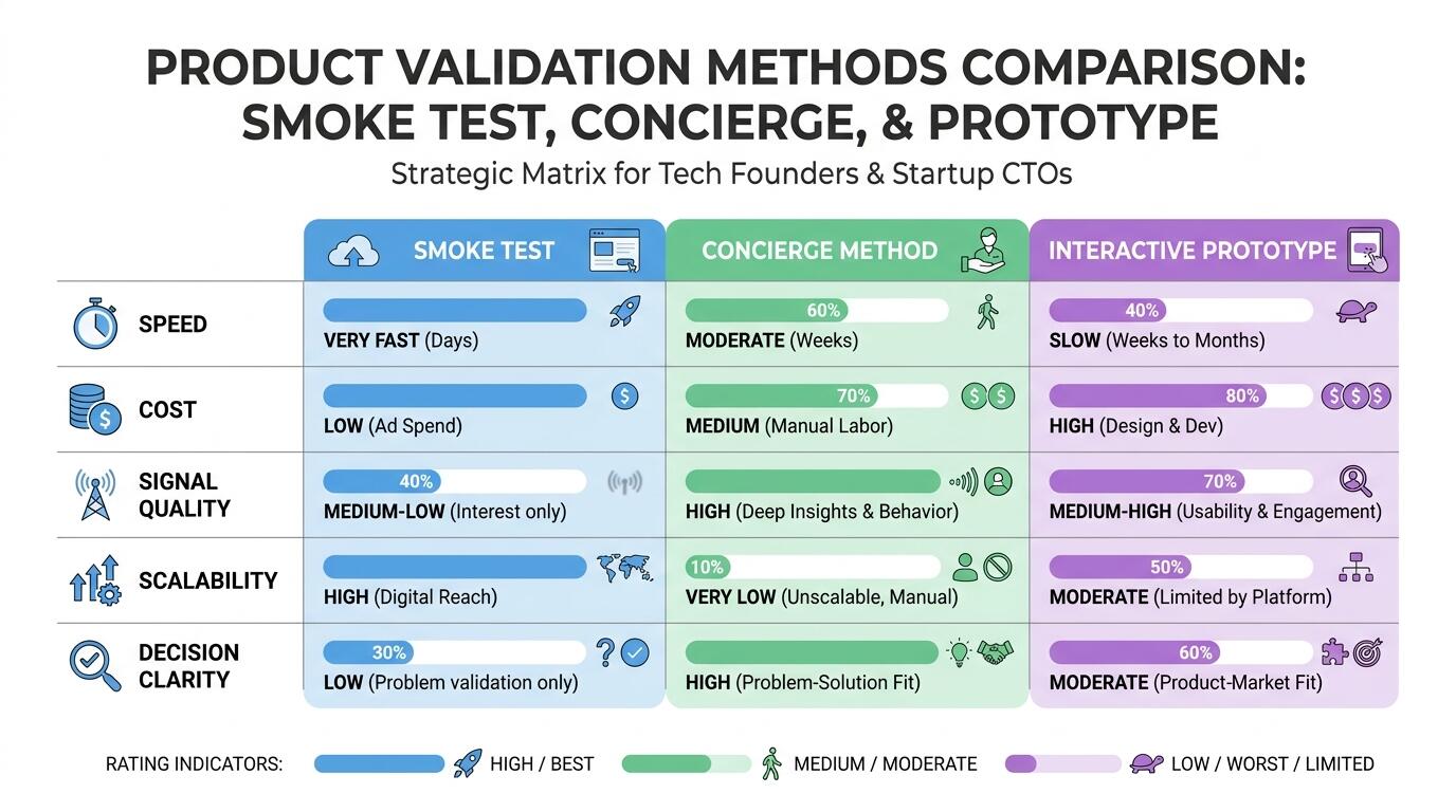 Three product validation methods compared for tech founders and startup CTOs