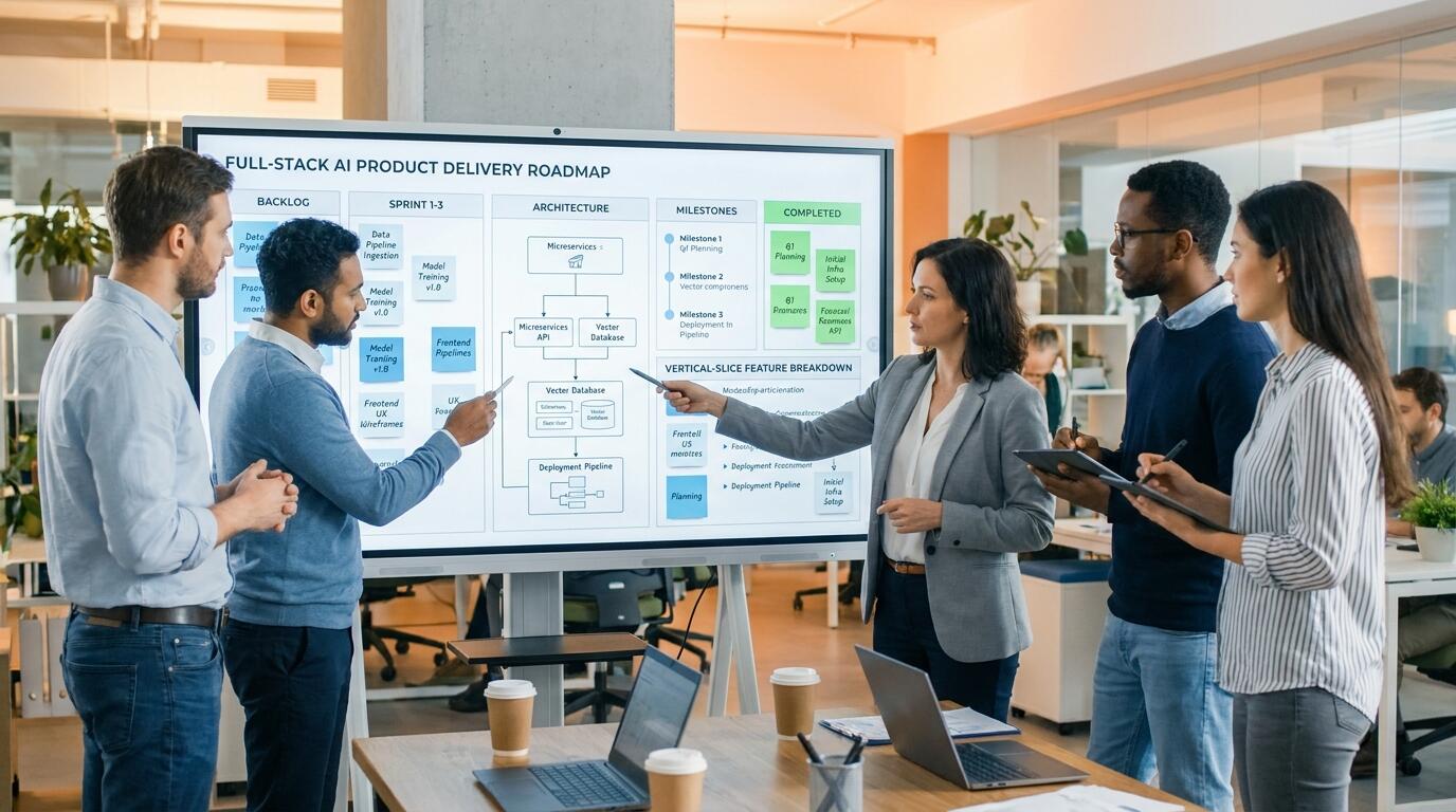 Engineering team mapping a delivery plan for a full-stack AI product under a tight production deadline