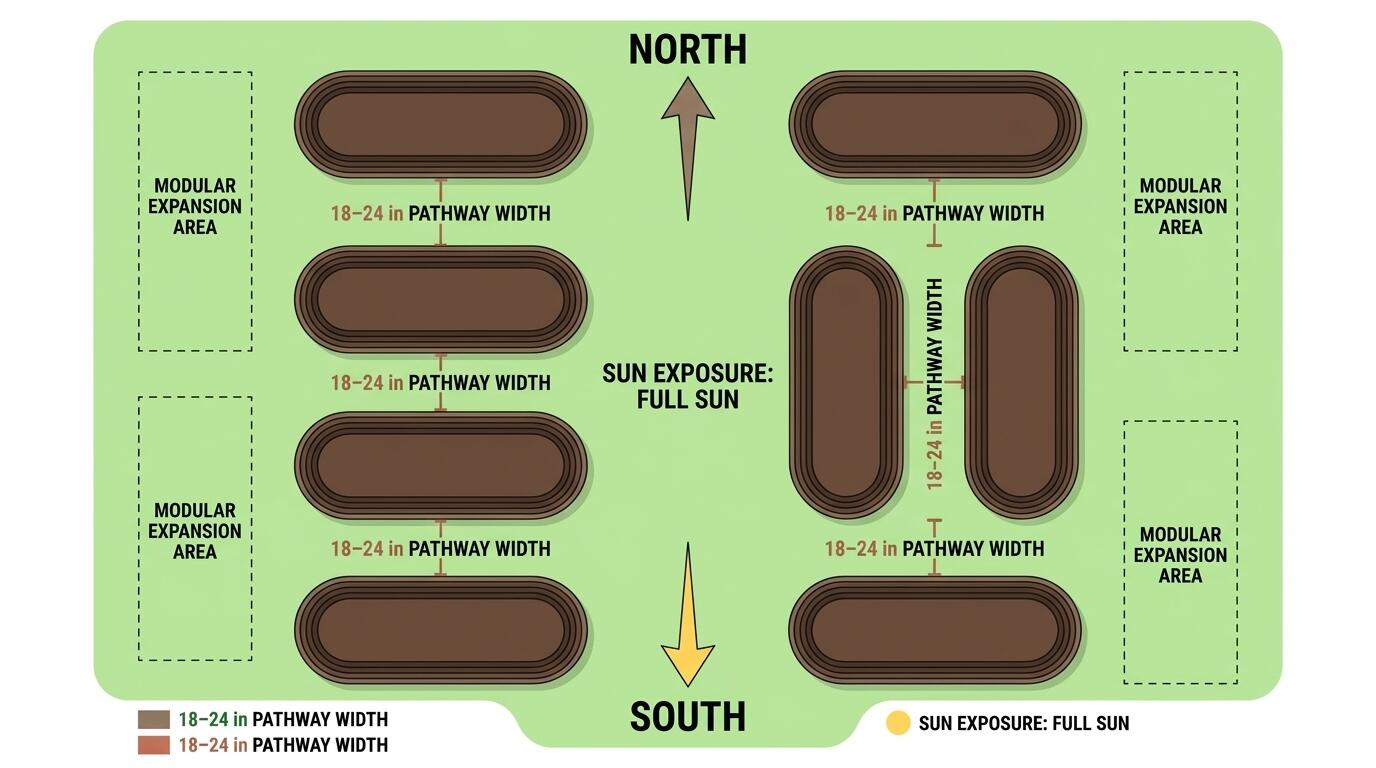 Raised bed garden layout planning diagram for small yards showing pathway spacing and sun orientation Raised bed garden layout planning diagram for small yards showing pathway spacing and sun orientation