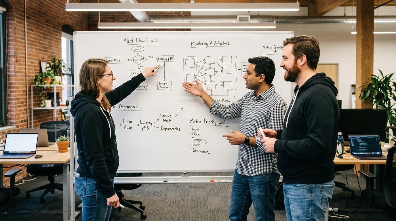 Engineering team planning observability stack on a whiteboard