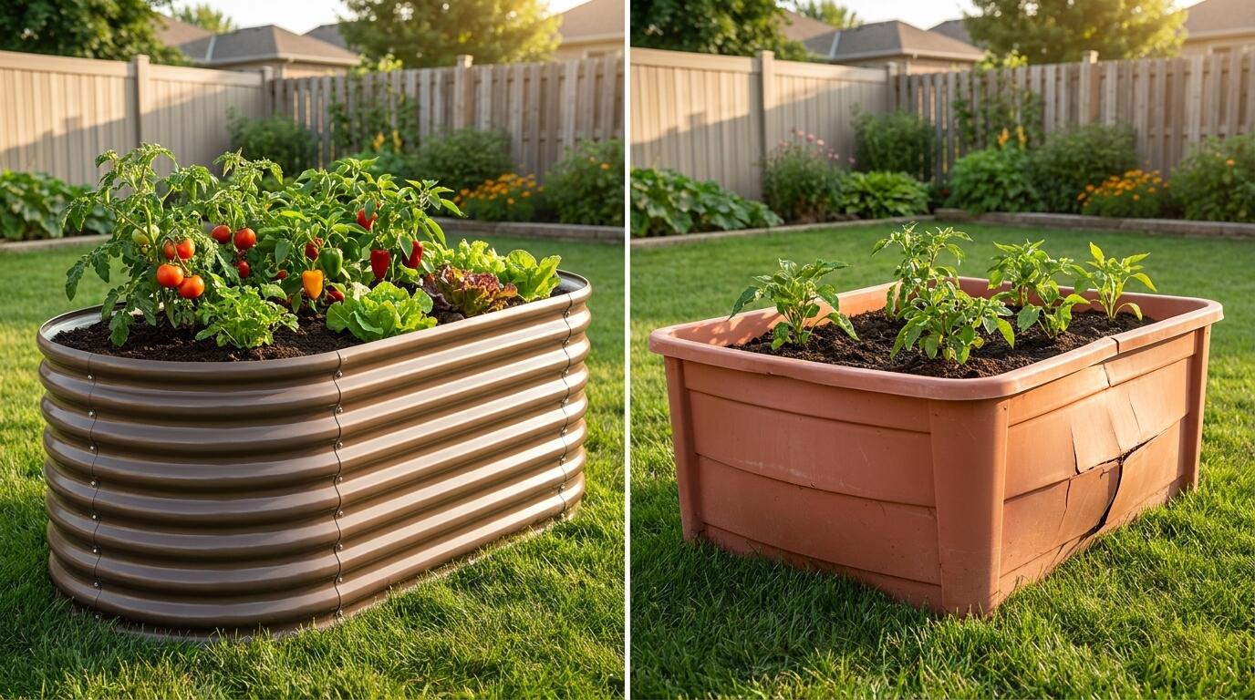 Comparison of metal and plastic raised beds in a garden layout showing durability and structural differences