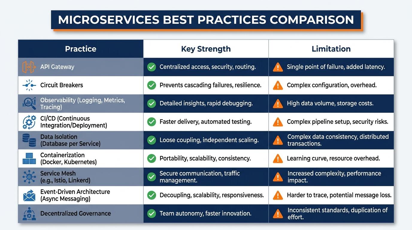 Microservices production system practices comparison table for engineering teams
