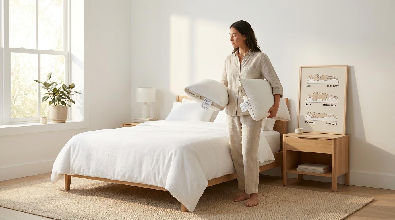 A person thoughtfully choosing a pillow based on sleep position and fill material in a bright, minimalist bedroom