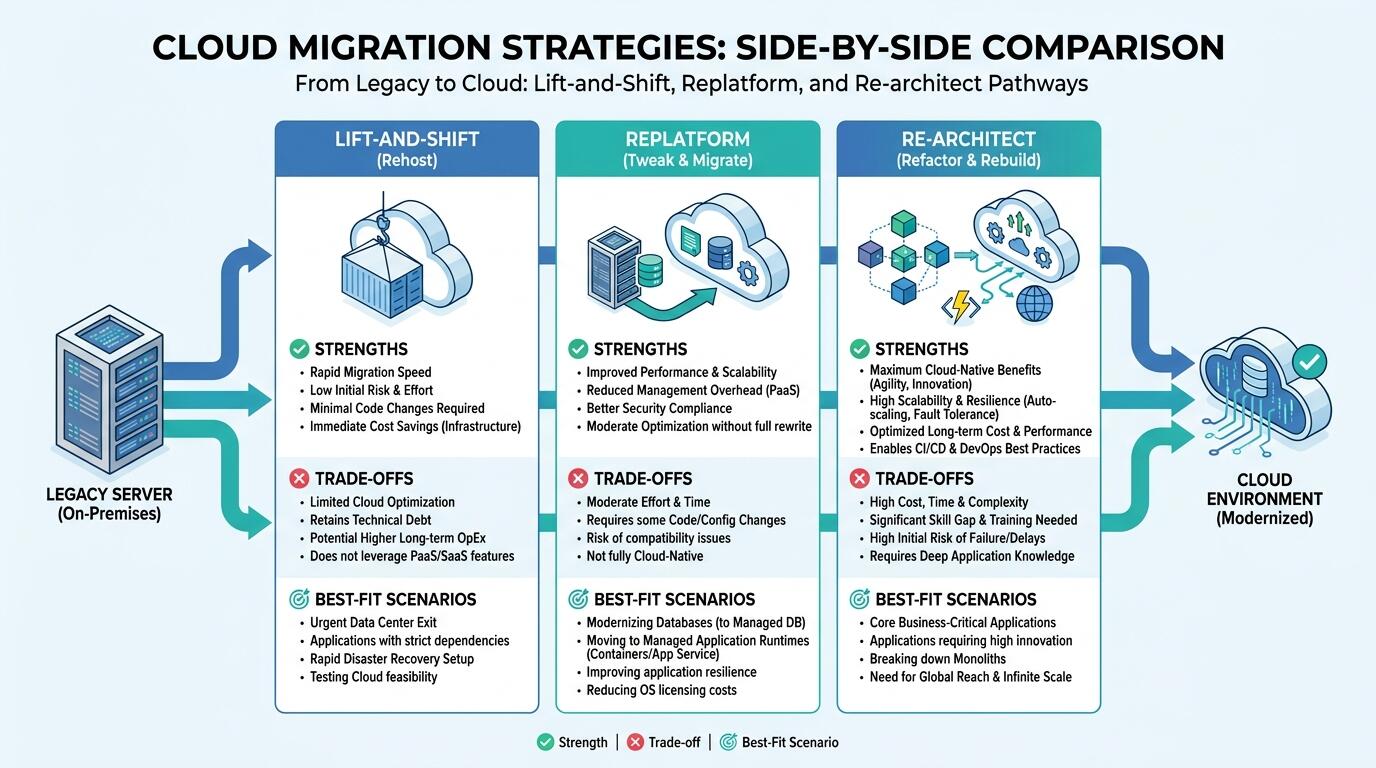 Cloud migration strategy comparison diagram showing rehost, replatform, and re-architect approaches for legacy systems