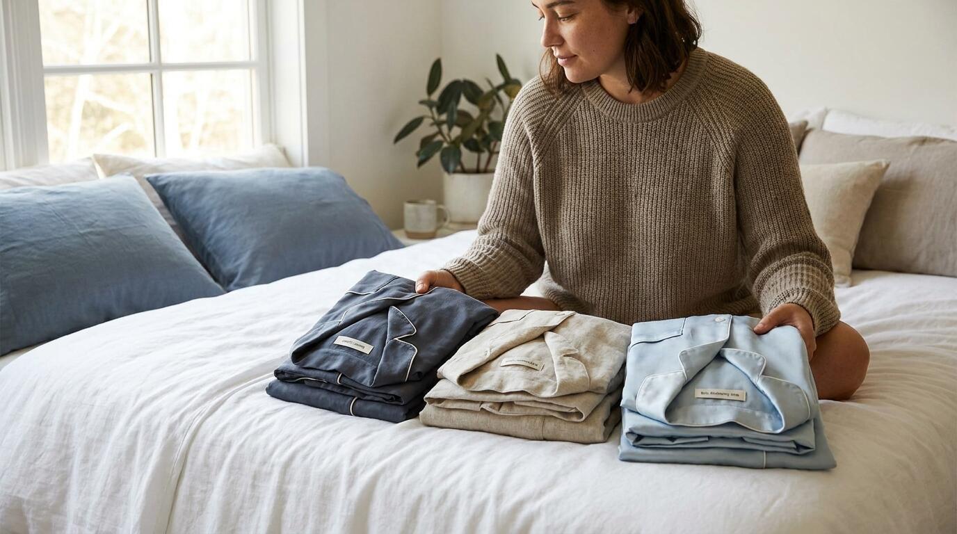 Person choosing breathable sleepwear fabrics