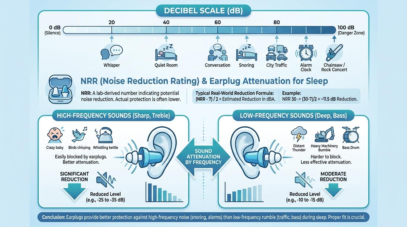 Infographic showing how NRR decibel ratings correspond to sound reduction levels