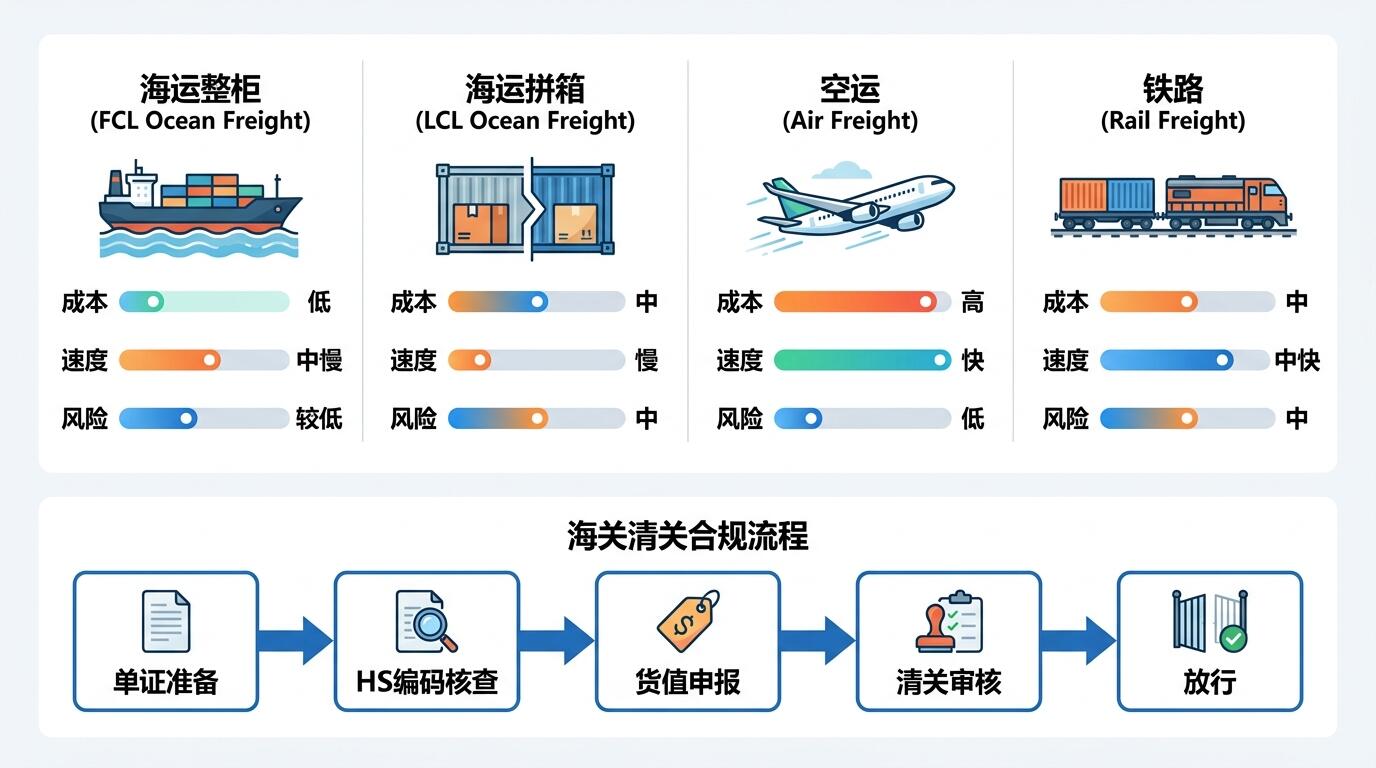 跨境物流头程运输方式对比与关税合规流程图