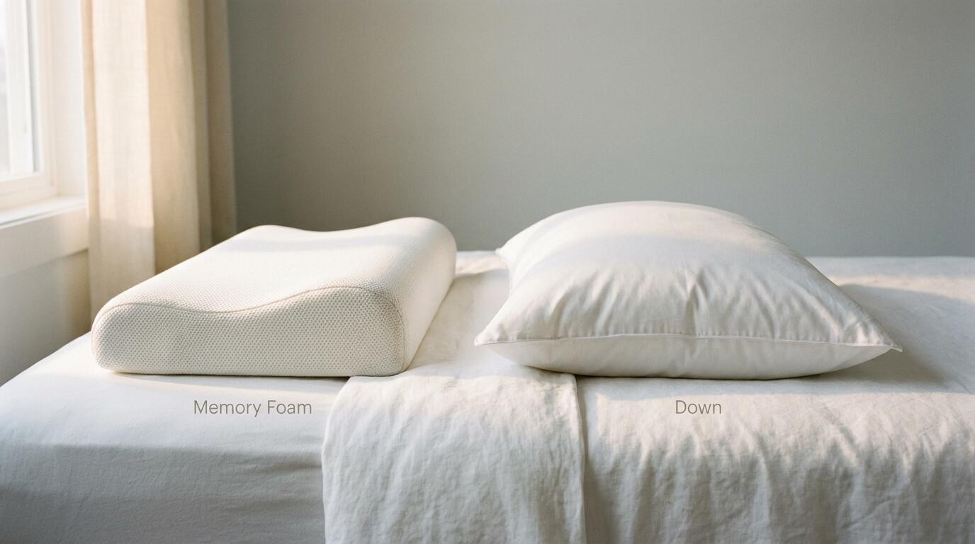 Memory foam pillow and down pillow side by side on a bed for neck pain comparison
