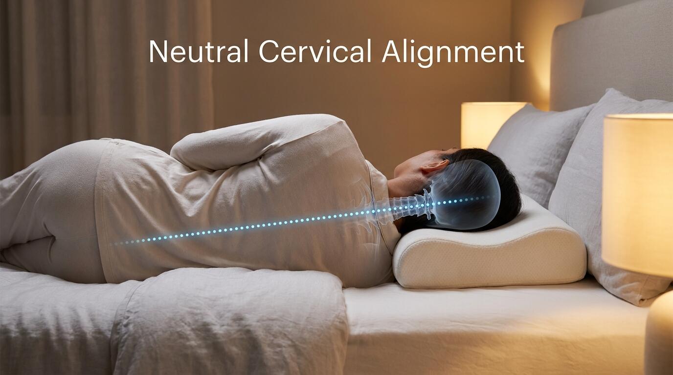 Side sleeper using a memory foam pillow with correct cervical spine alignment for neck pain relief