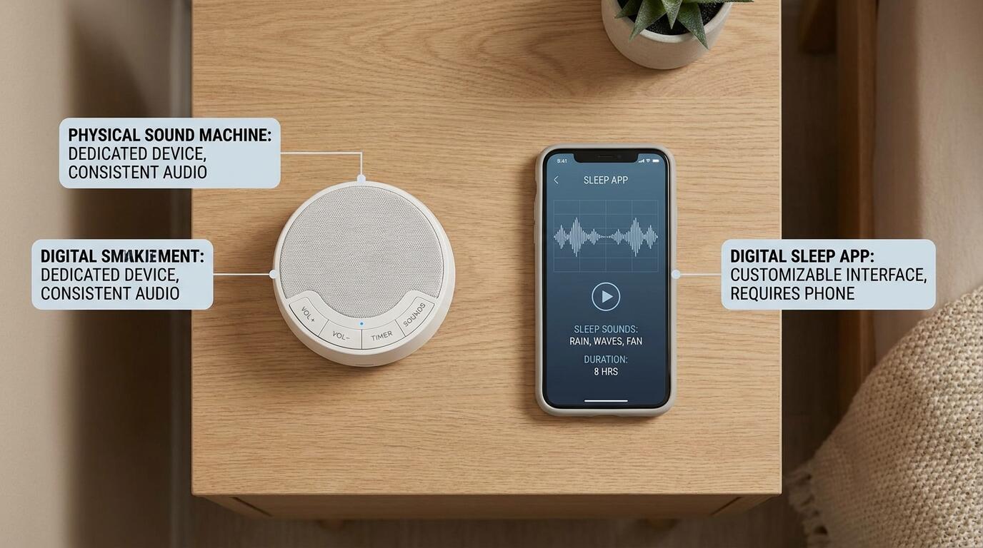 Person choosing between a white noise machine and sleep app for better nighttime rest