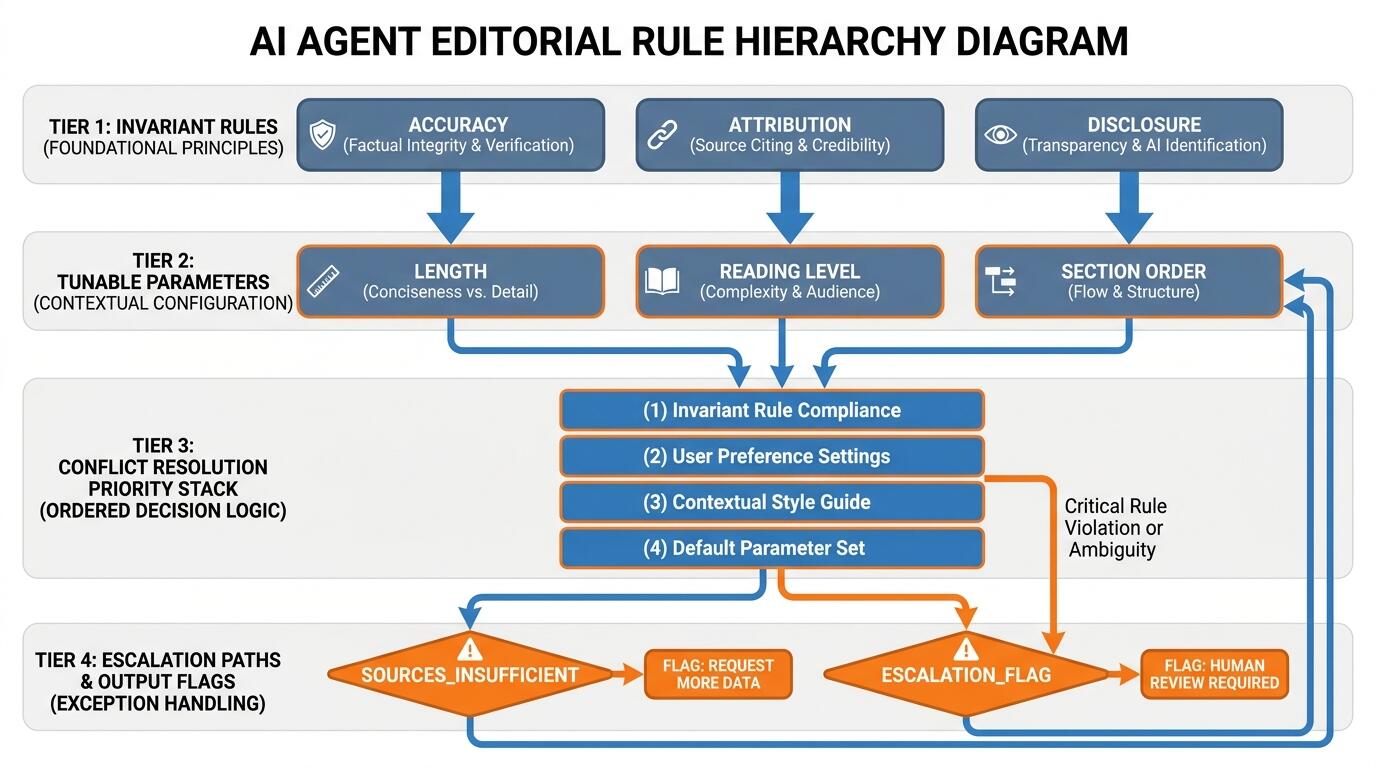 Agent editorial workflow diagram showing rule hierarchy, decision surface mapping, and escalation paths