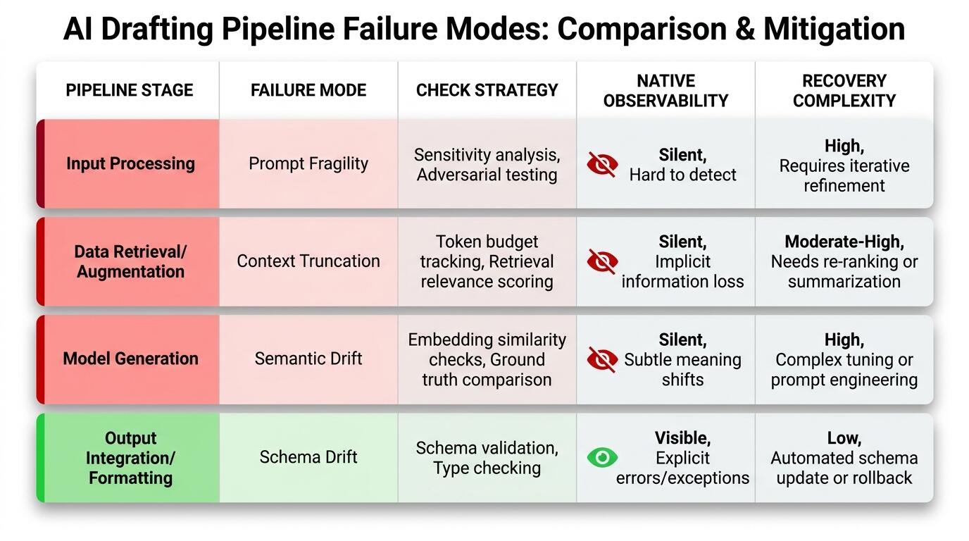 Failure mode comparison across AI drafting pipeline stages