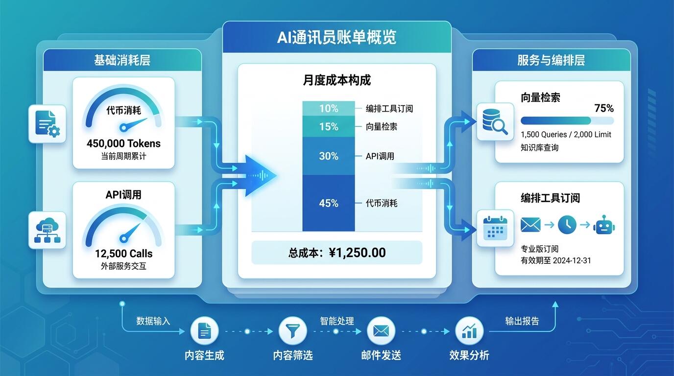 一张展示AI智能体账单拆解与成本构成分析的信息图，包含token用量、API调用与工作流节点等元素