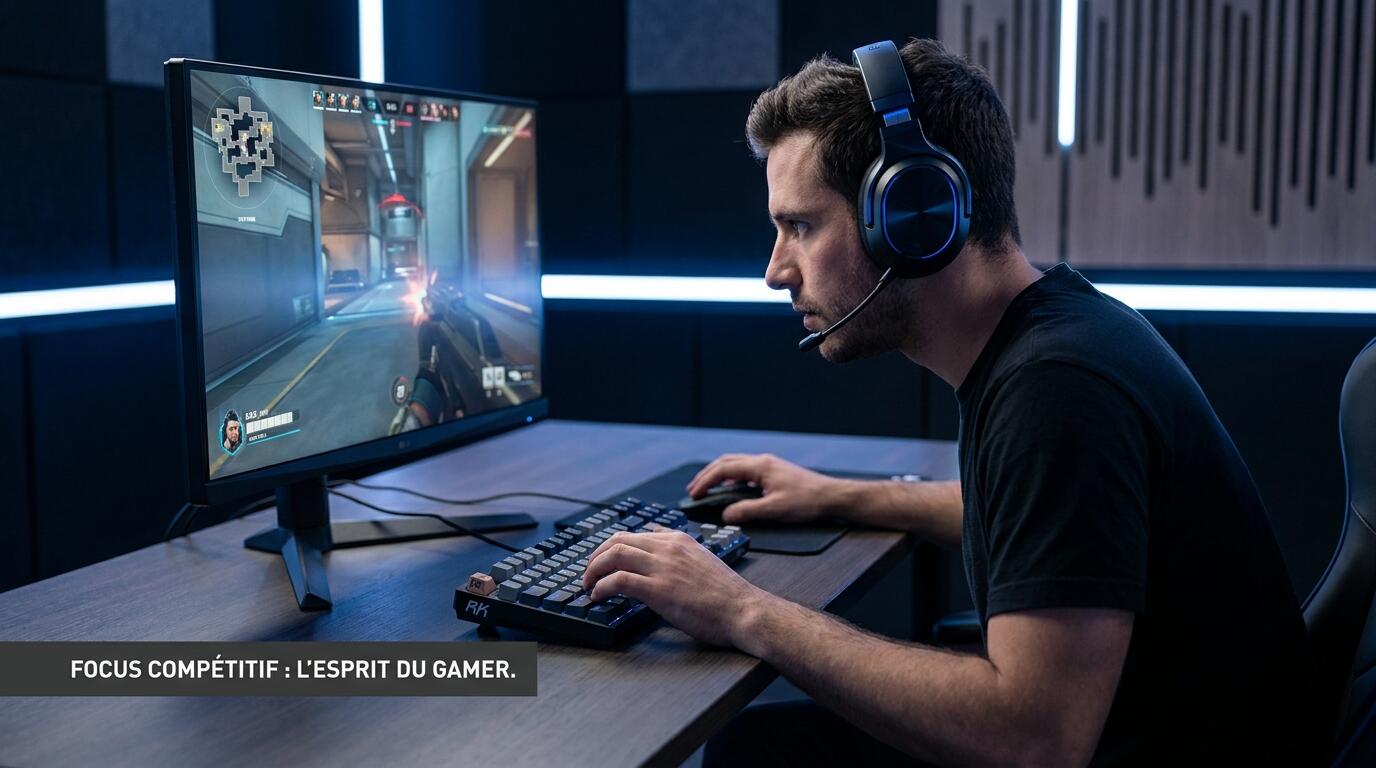 Joueur FPS avec casque audio gaming optimisant la localisation sonore compétitive