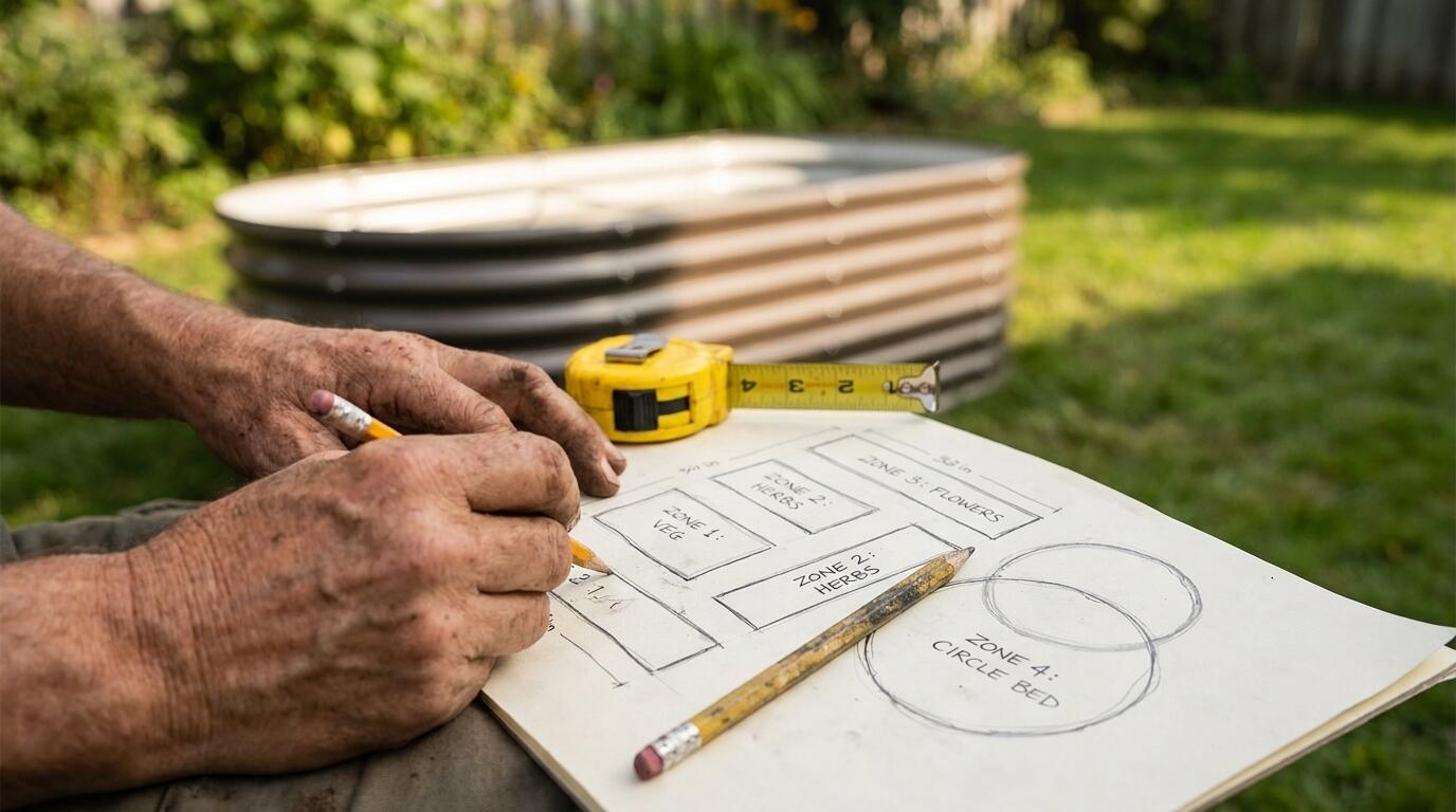 Gardener sketching a custom raised bed planting layout plan on paper outdoors