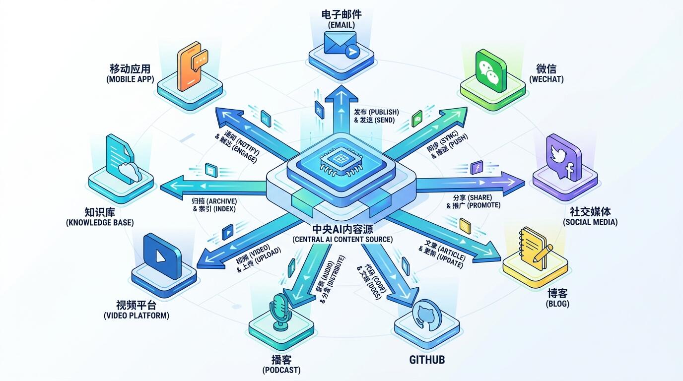 封面图:一篇 AI 简报从单一内容源分发至九个平台的多端发布流程示意