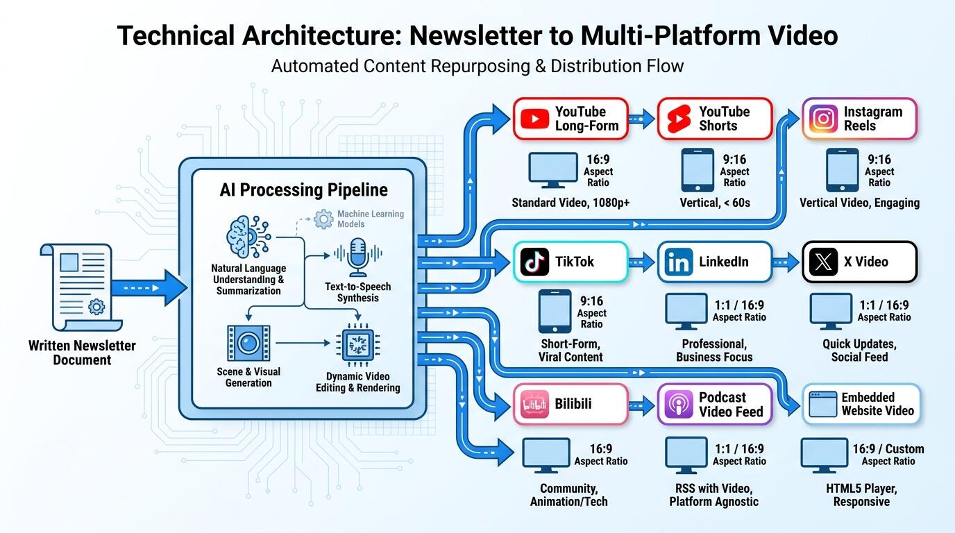 Pipeline architecture diagram showing written newsletter converting to nine video platform outputs