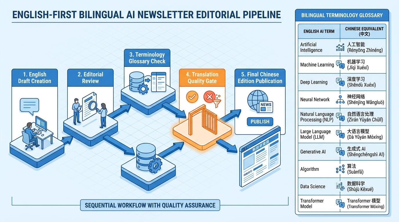 Bilingual AI newsletter workflow diagram showing English draft to Chinese translation pipeline