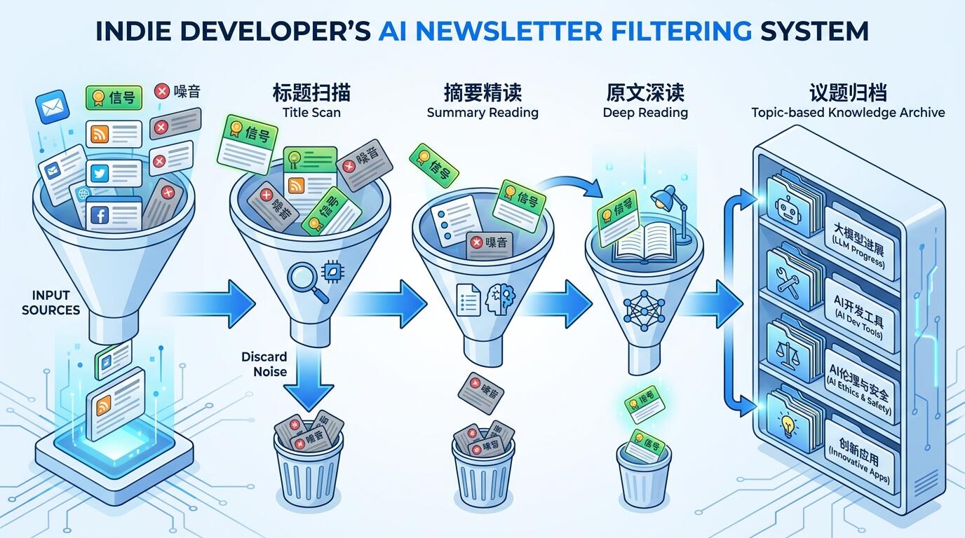 独立开发者搭建AI信息阅读系统的工具与流程示意图
