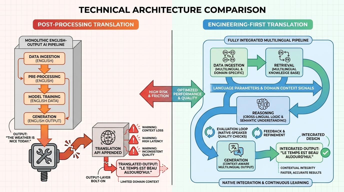 Engineering diagram comparing post-processing translation architecture versus language-integrated AI pipeline design