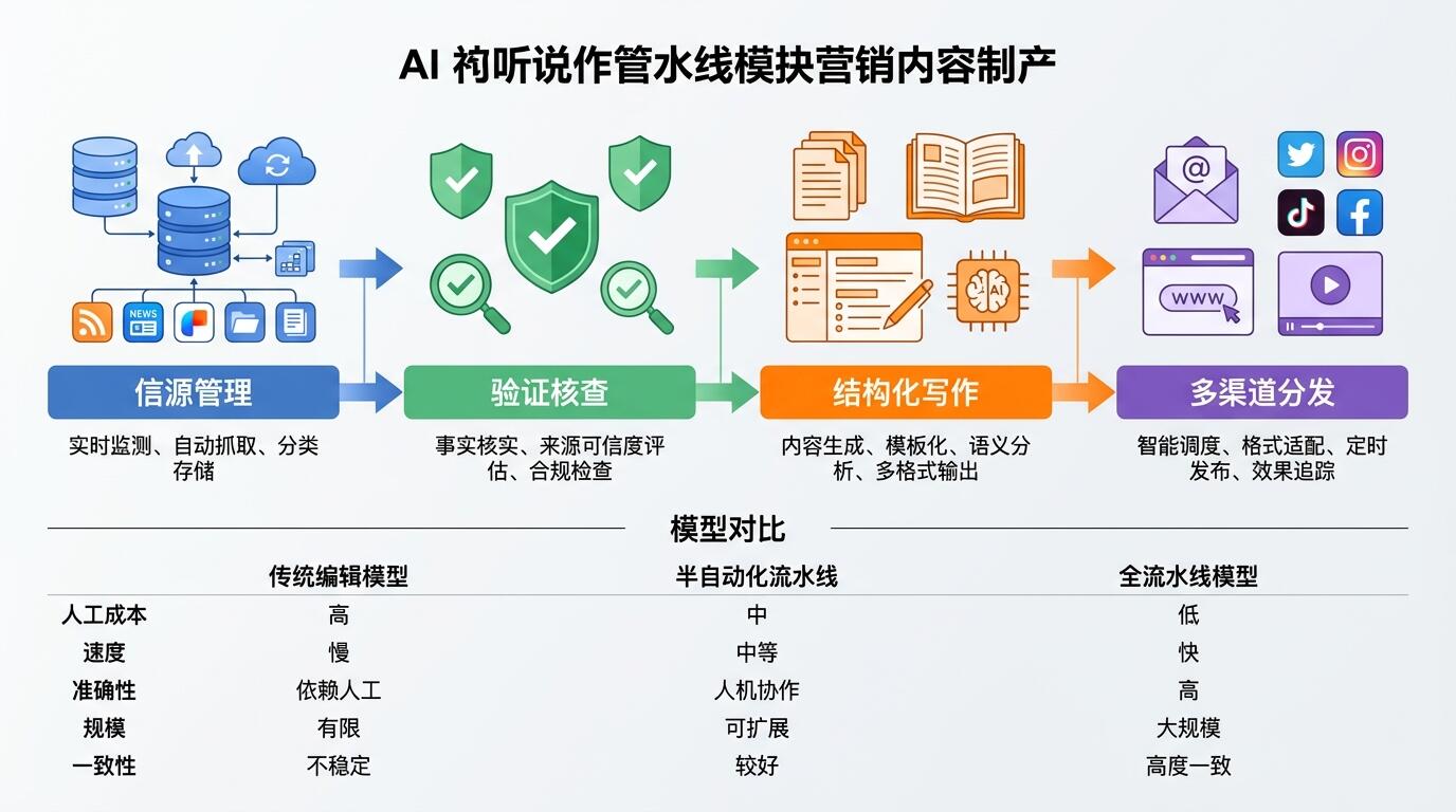 AI流水线内容生产模块化示意图,展示从信源采集到多渠道分发的完整工作流