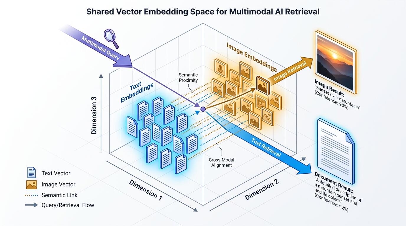 Diagram of multimodal embedding space with text and image vectors mapped to shared retrieval geometry