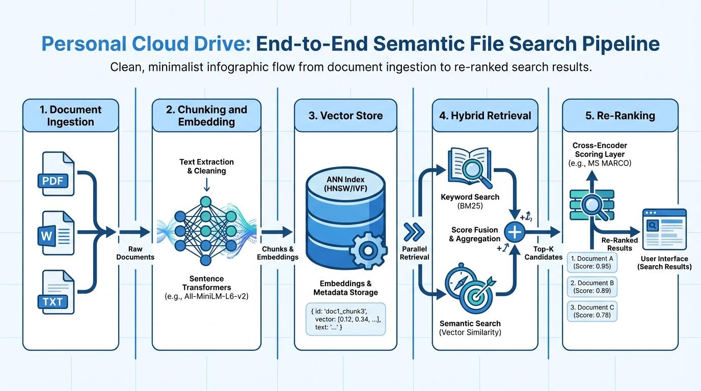 Semantic search pipeline diagram for personal cloud drive