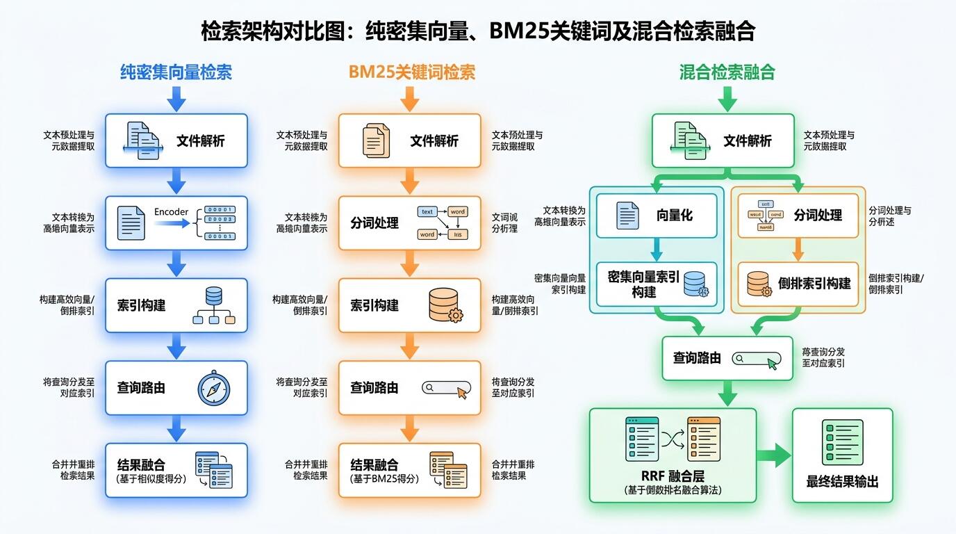 三种语义检索路径工程对比：向量检索、BM25关键词检索、混合检索架构差异