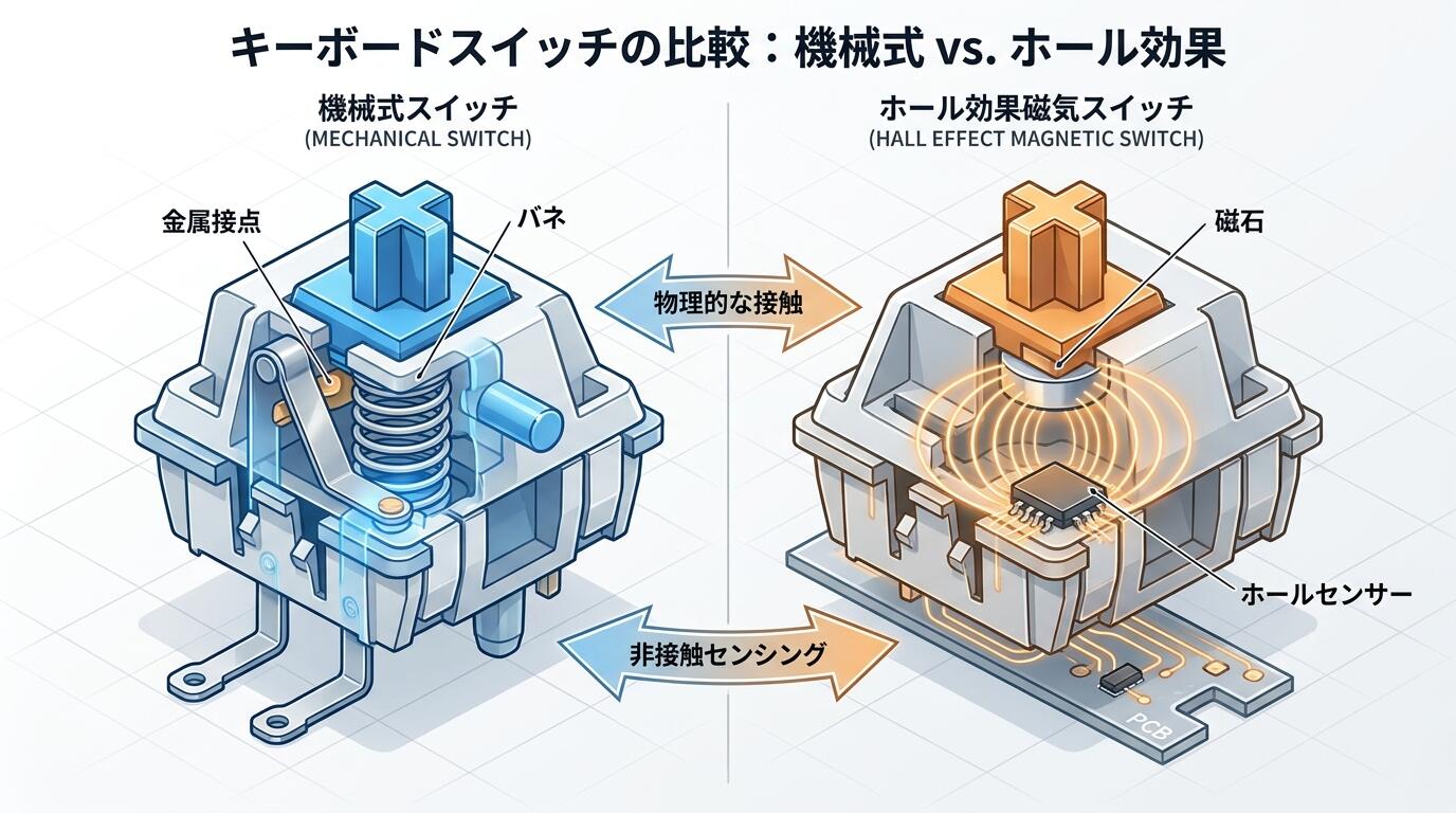 メカニカルスイッチと磁気式Hall Effectスイッチの構造比較図