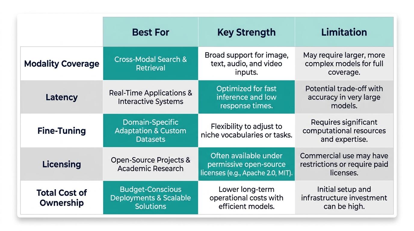 Comparison of multimodal embedding model evaluation criteria for AI founders and engineering leads