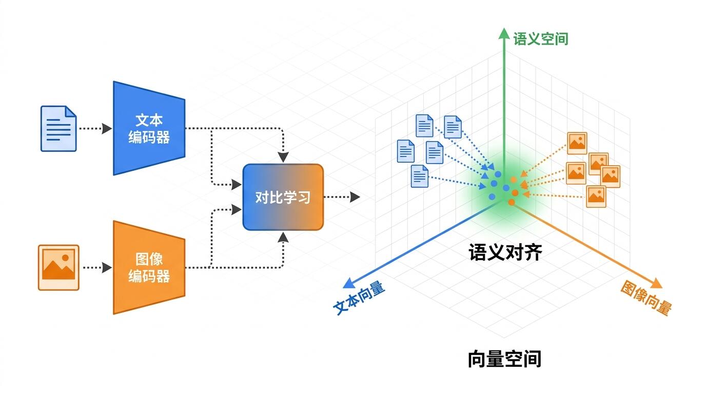 多模态向量模型嵌入空间示意图，展示文本与图像如何对齐到同一语义空间