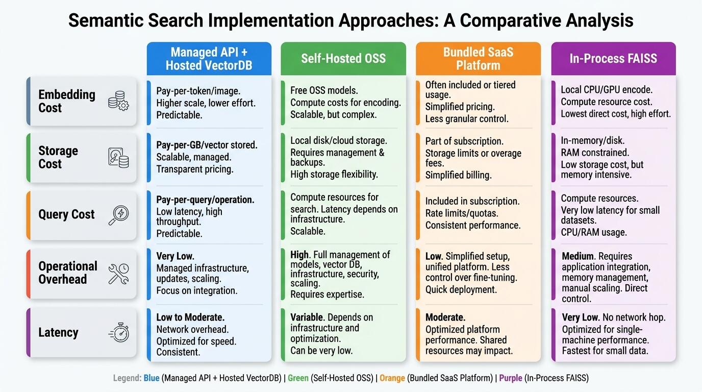 Semantic search cost comparison across embedding APIs, hosted vector databases, self-hosted models, and SaaS platforms
