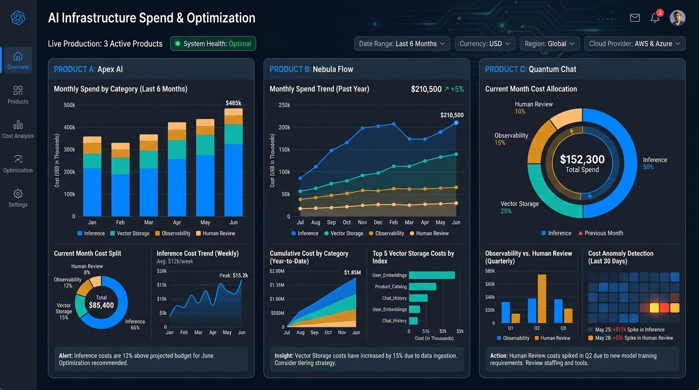 A dashboard showing infrastructure cost breakdowns for three live AI products running in production