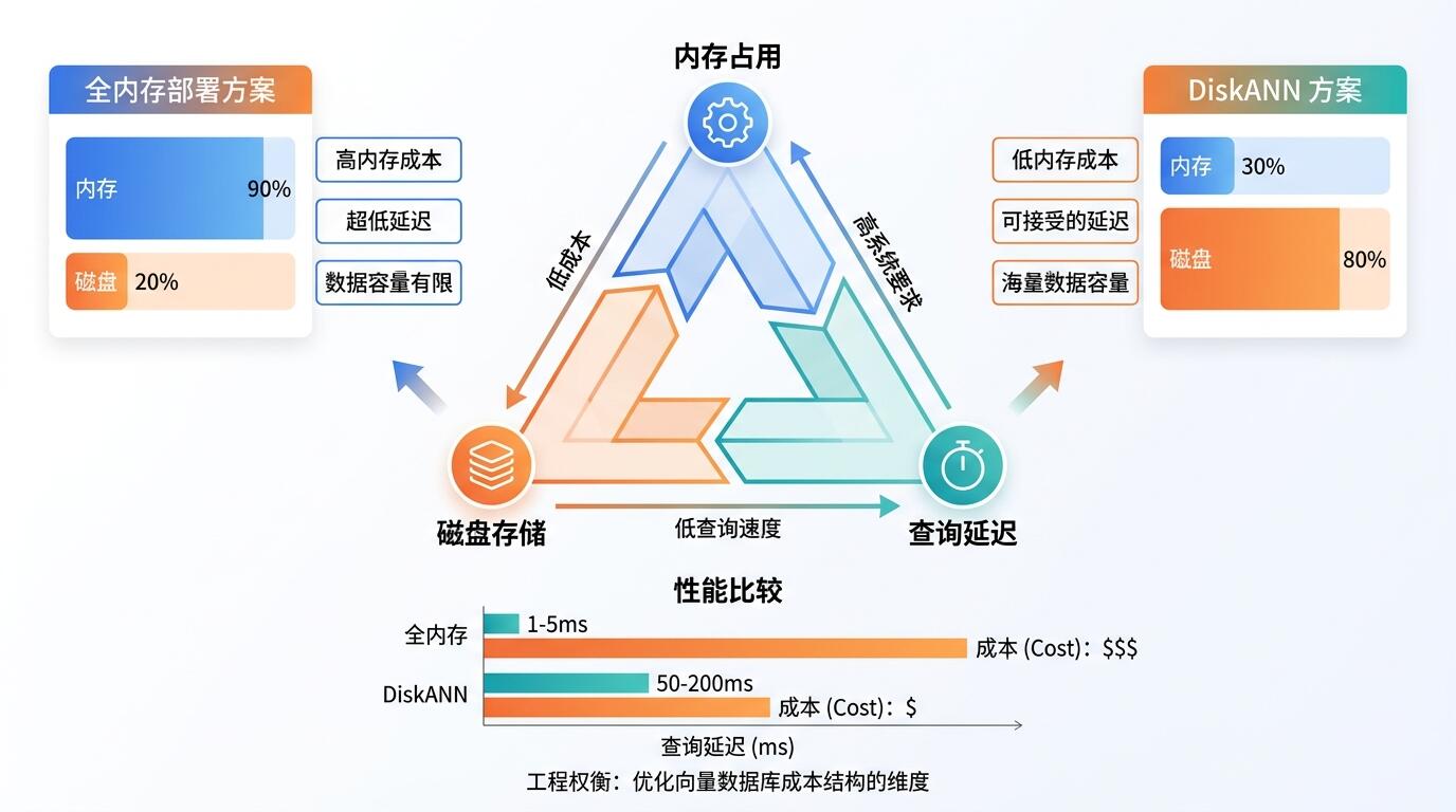 向量数据库成本结构对比图:内存占用、磁盘存储与查询延迟的三角权衡