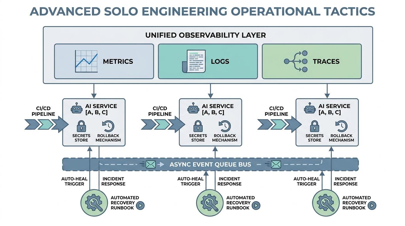Solo engineer operational strategy diagram showing service isolation, monitoring layers, and deployment automation