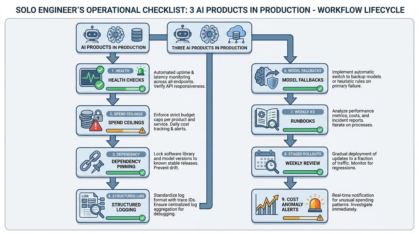 Checklist workflow for solo engineer maintaining multiple AI products in production